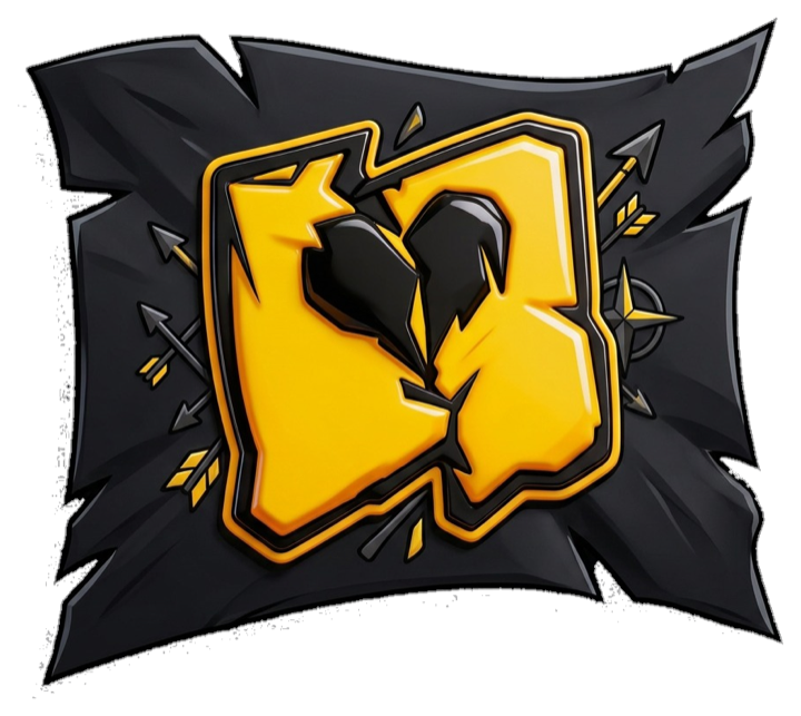 Hazard Studio — tattered clan flag with the cracked emblem and black broken heart